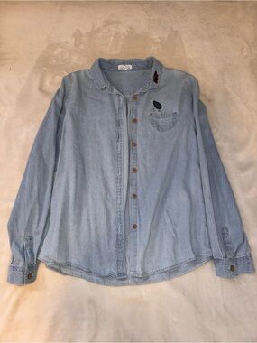 Light Blue Denim Button Down Shirt with Embroidered Leaves